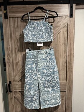 Lex Breezy-Two-Piece Crop Top and Pencil Skirt Set in Sage Blue and White